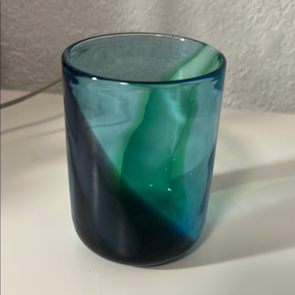 Hand Blown Art Glass Tumbler Cup – Blue and Green Swirl – Heavy Glass – 4" Tall
